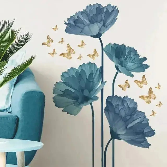 Blue Flower Wall Stickers with Butterflies - Easy do Wall do