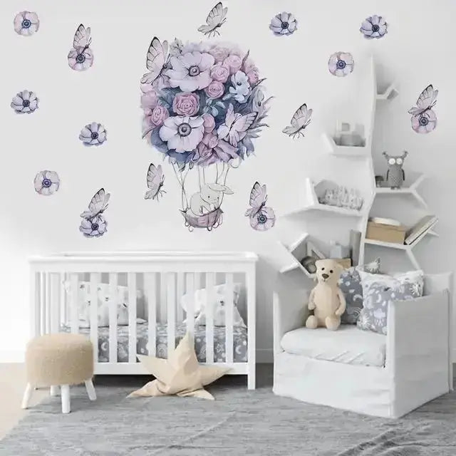 Bunny Hot Air Balloon with Flowers and Butterflies Wall Stickers for kids room - Easy do Wall do
