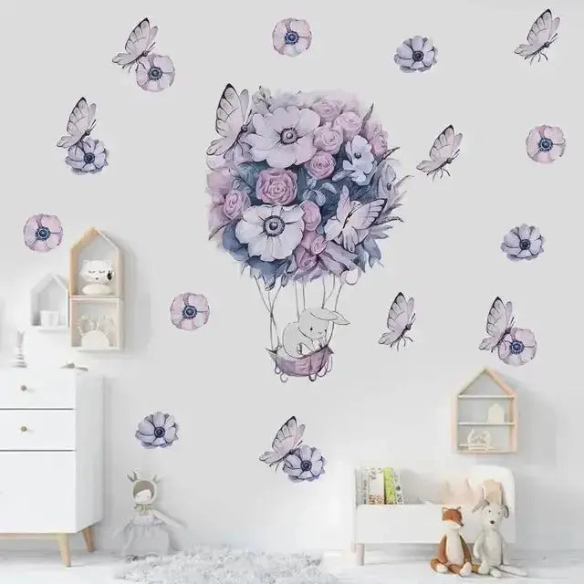 Bunny Hot Air Balloon with Flowers and Butterflies Wall Stickers for kids room - Easy do Wall do