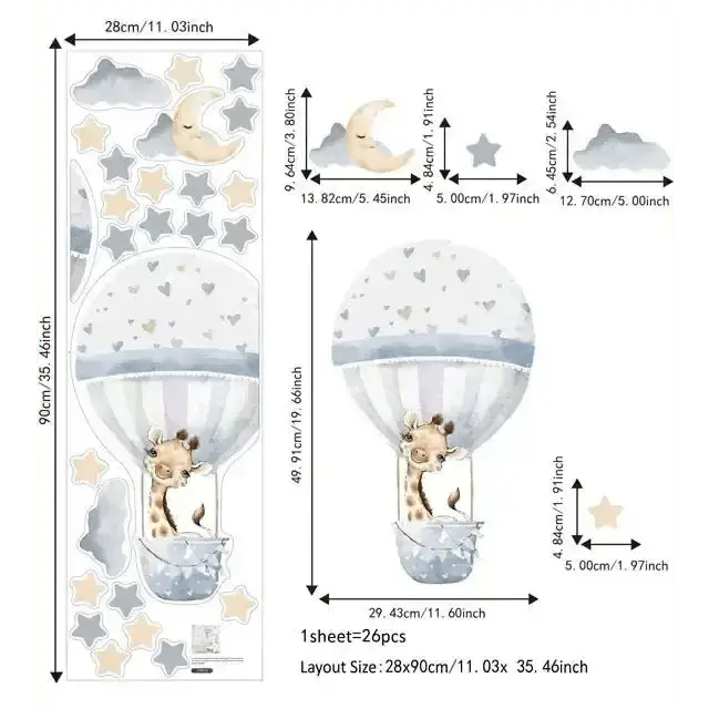 Cartoon Hot Air Balloon with Giraffe Wall Sticker - Playful and Unique Decor - Easy do Wall do