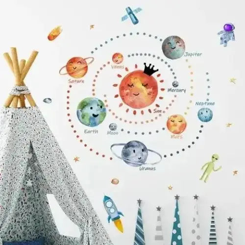 Cartoon Solar System Wall Sticker - Fun Space Decor - Easy do Wall do