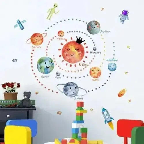 Cartoon Solar System Wall Sticker - Fun Space Decor - Easy do Wall do