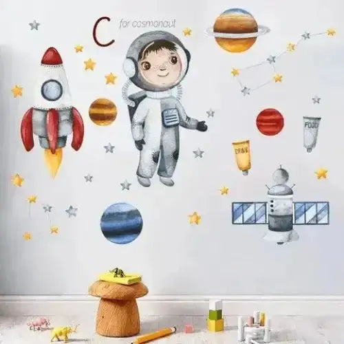 Cartoon Spaceman Rocket Planet Wall Sticker - Fun Space Decor - Easy do Wall do