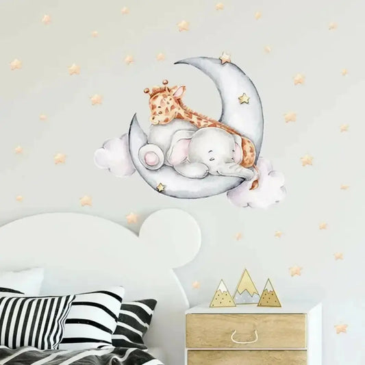 Dreamy Elephant & Giraffe Moon Wall Sticker for Kids - Easy do Wall do