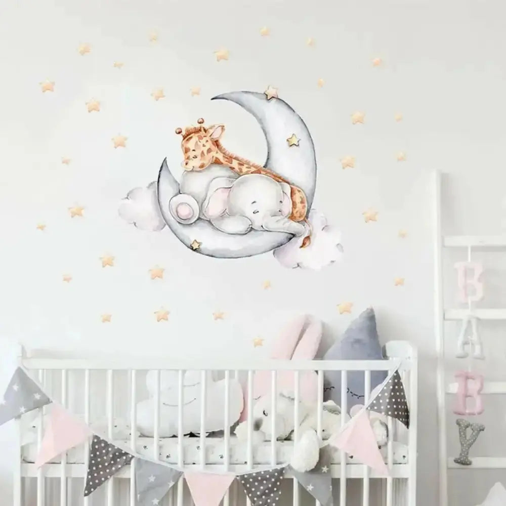 Dreamy Elephant & Giraffe Moon Wall Sticker for Kids - Easy do Wall do
