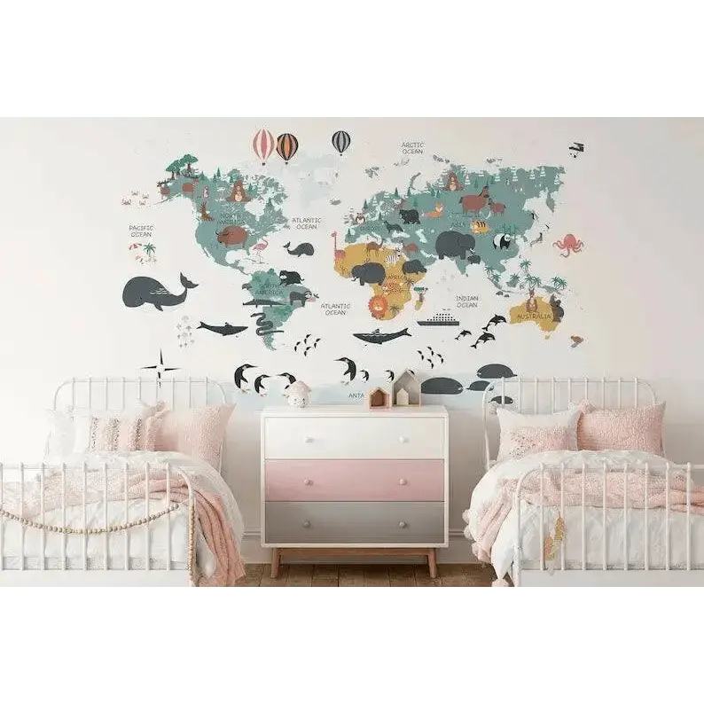 Educational Animal World Map Wall Mural for Fun Learning Decor - Easy do Wall do