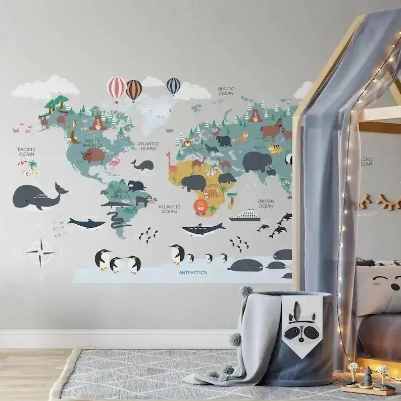 Educational Animal World Map Wall Mural for Fun Learning Decor - Easy do Wall do