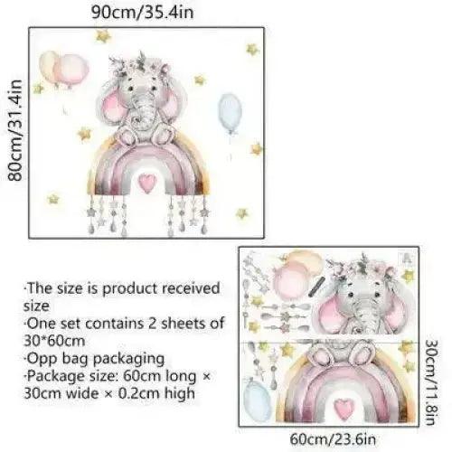 Elephant and Rainbow Wall Stickers for Kids Rooms - Whimsical Decor - Easy do Wall do