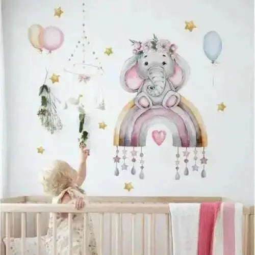 Elephant and Rainbow Wall Stickers for Kids Rooms - Whimsical Decor - Easy do Wall do