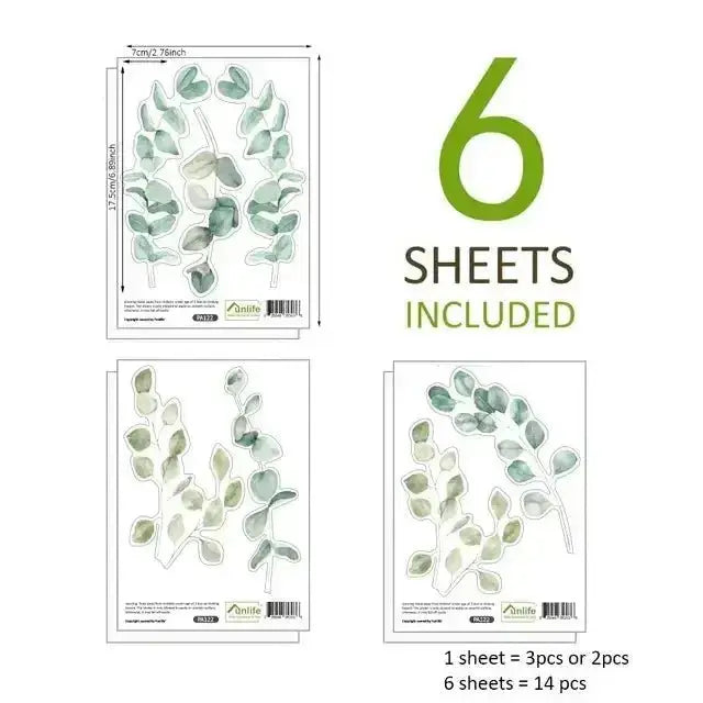 Green Leaf Wall Sticker Set - Pack of 6 Sheets (14 Pieces Total) - Easy do Wall do