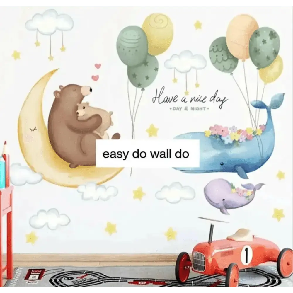 Moon, Bear, Whale, and Balloon Wall Sticker Set - Whimsical Decor - Easy do Wall do