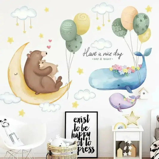 Moon, Bear, Whale, and Balloon Wall Sticker Set - Whimsical Decor - Easy do Wall do