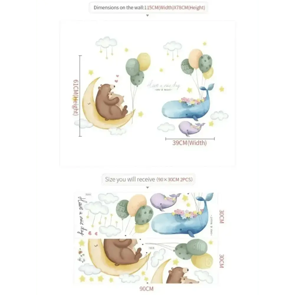 Moon, Bear, Whale, and Balloon Wall Sticker Set - Whimsical Decor - Easy do Wall do