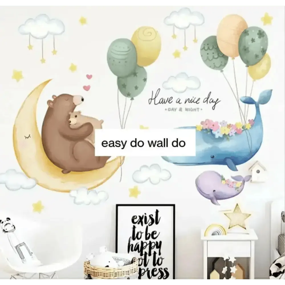 Moon, Bear, Whale, and Balloon Wall Sticker Set - Whimsical Decor - Easy do Wall do