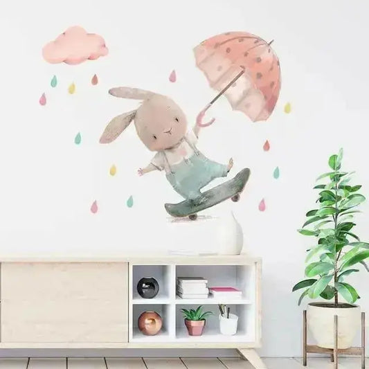 Playful Bunny with Umbrella Wallpaper Stickers for Kids - Easy do Wall do
