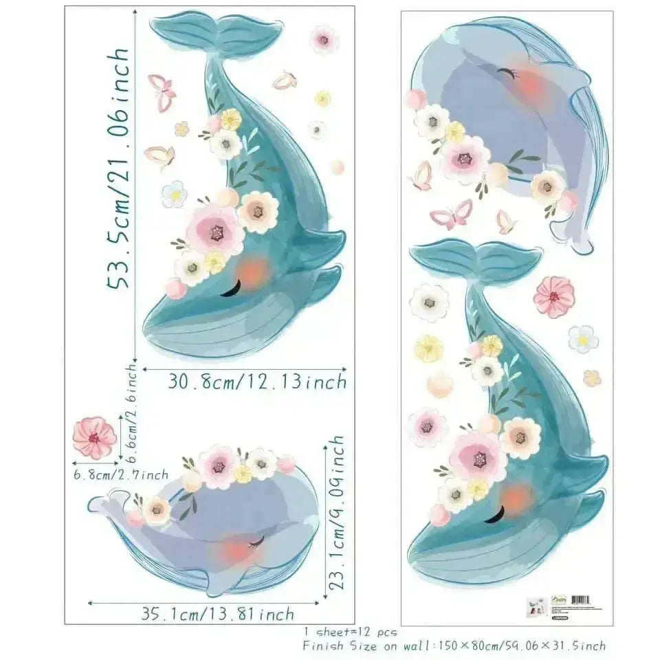Whale and Floral Wall Decals - Elegant Bedroom Decoration - Easy do Wall do