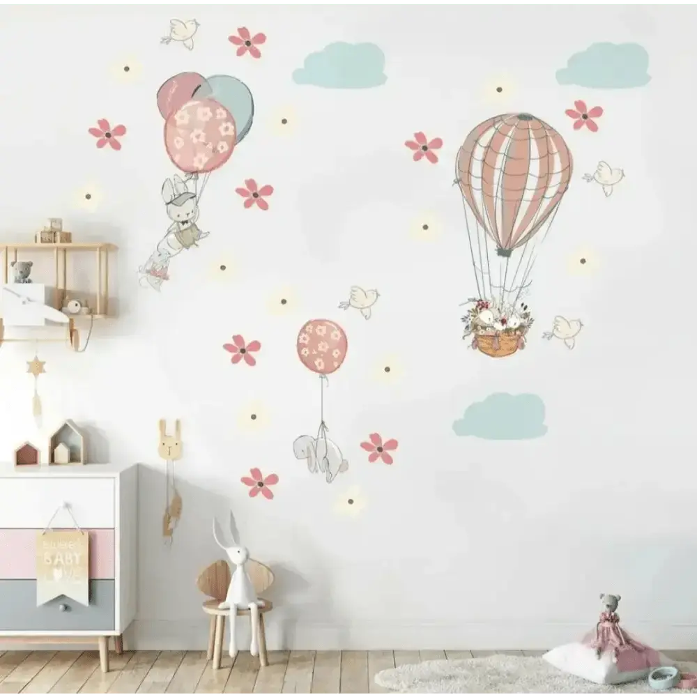 Adorable Bunny Hot Air Balloon Wall Stickers for Playful Spaces - Easy do Wall do