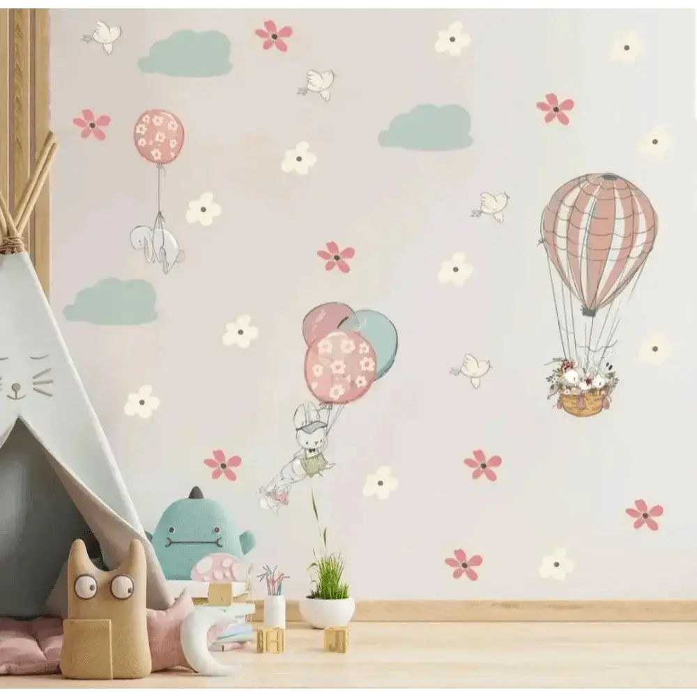 Adorable Bunny Hot Air Balloon Wall Stickers for Playful Spaces - Easy do Wall do