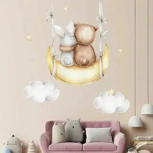 Bear and Bunny Moon Wallpaper Stickers - Whimsical Room Decor - Easy do Wall do