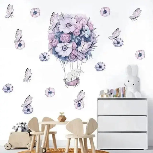 Bunny Hot Air Balloon with Flowers and Butterflies Wall Stickers for kids room - Easy do Wall do
