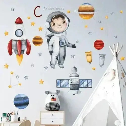 Cartoon Spaceman Rocket Planet Wall Sticker - Fun Space Decor - Easy do Wall do