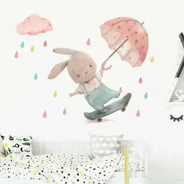 Playful Bunny with Umbrella Wallpaper Stickers for Kids - Easy do Wall do