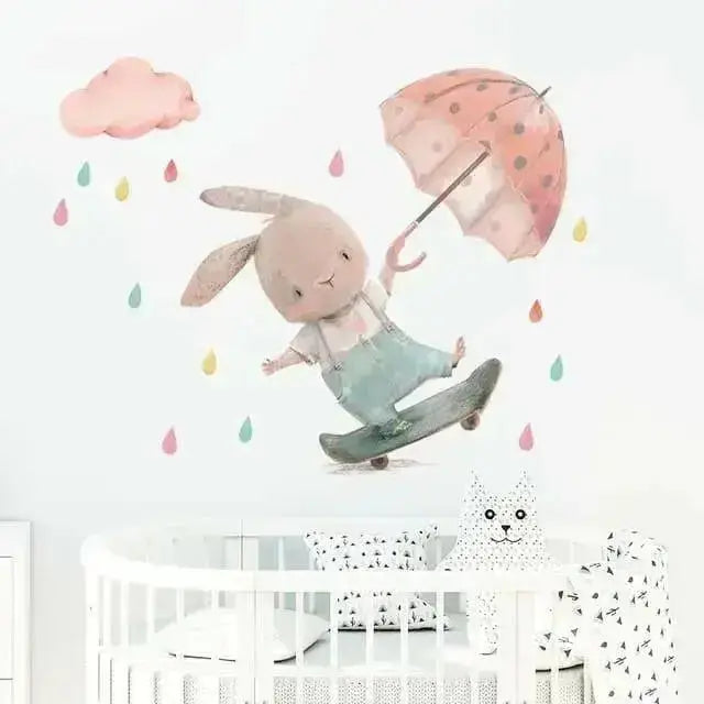Playful Bunny with Umbrella Wallpaper Stickers for Kids - Easy do Wall do