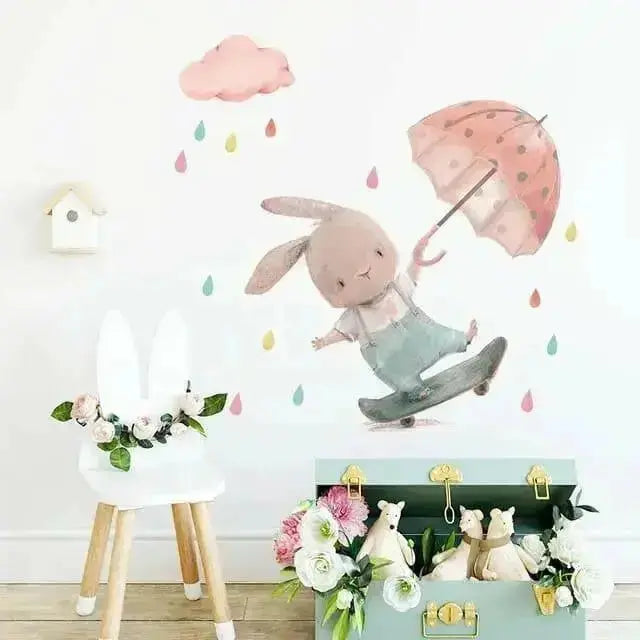 Playful Bunny with Umbrella Wallpaper Stickers for Kids - Easy do Wall do